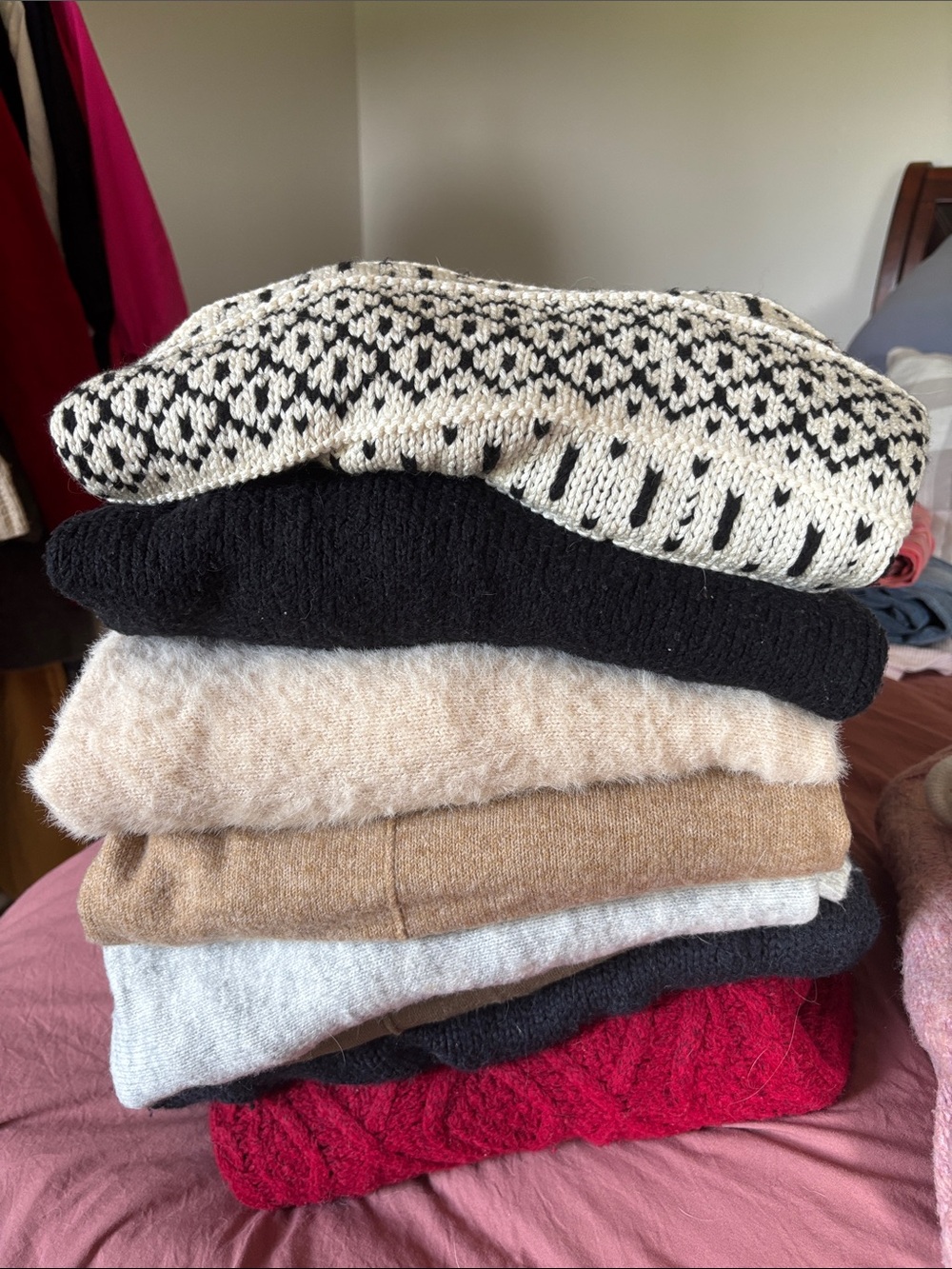 Stack of 11 Women's Knit Sweaters - Black, Cream, Tan, Gray, Red